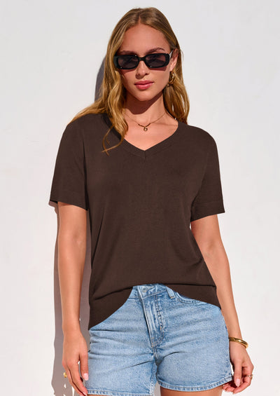 PRETTYGARDEN Womens Short Sleeve Sweater V Neck Trendy Pullover Tops Summer Spring Loose Lightweight Casual Blouse PRETTYGARDEN