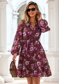 PRETTYGARDEN Women's Fall Boho Dresses Floral Long Sleeve V Neck Mini Flowy Wedding Guest Dress Trendy Vacation Outfits