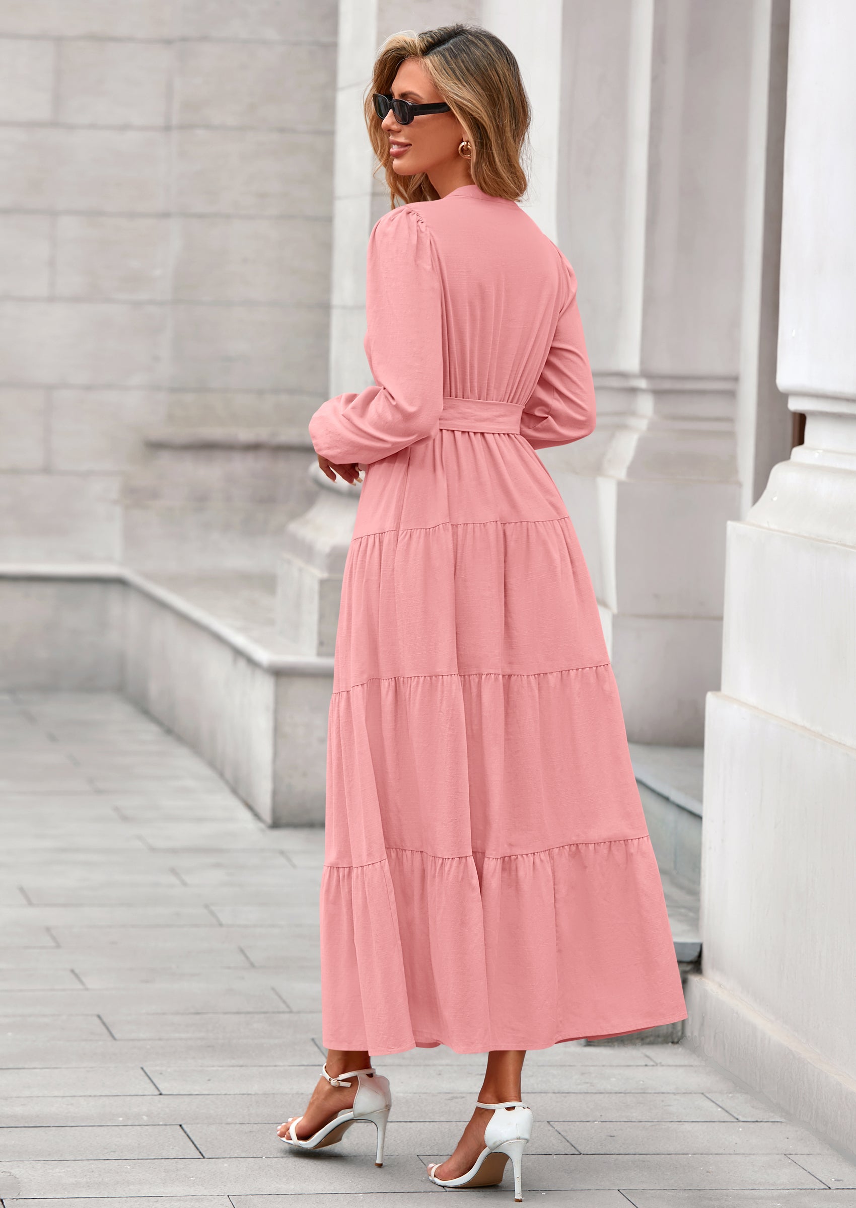 PRETTYGARDEN Fall Dresses for Women Long Sleeve V Neck Belted Ruffle A Line Flowy Boho Maxi Wedding Guest Dress Pockets