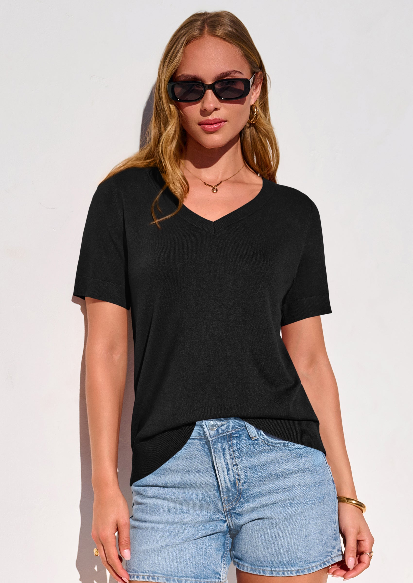 PRETTYGARDEN Womens Short Sleeve Sweater V Neck Trendy Pullover Tops Summer Spring Loose Lightweight Casual Blouse PRETTYGARDEN