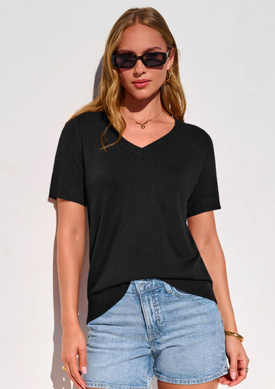 PRETTYGARDEN Womens Short Sleeve Sweater V Neck Trendy Pullover Tops Summer Spring Loose Lightweight Casual Blouse PRETTYGARDEN