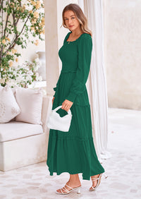 PRETTYGARDEN Fall Wedding Guest Dresses for Women Long Sleeve Square Neck Tiered A Line Modest Elegant Flowy Dresses