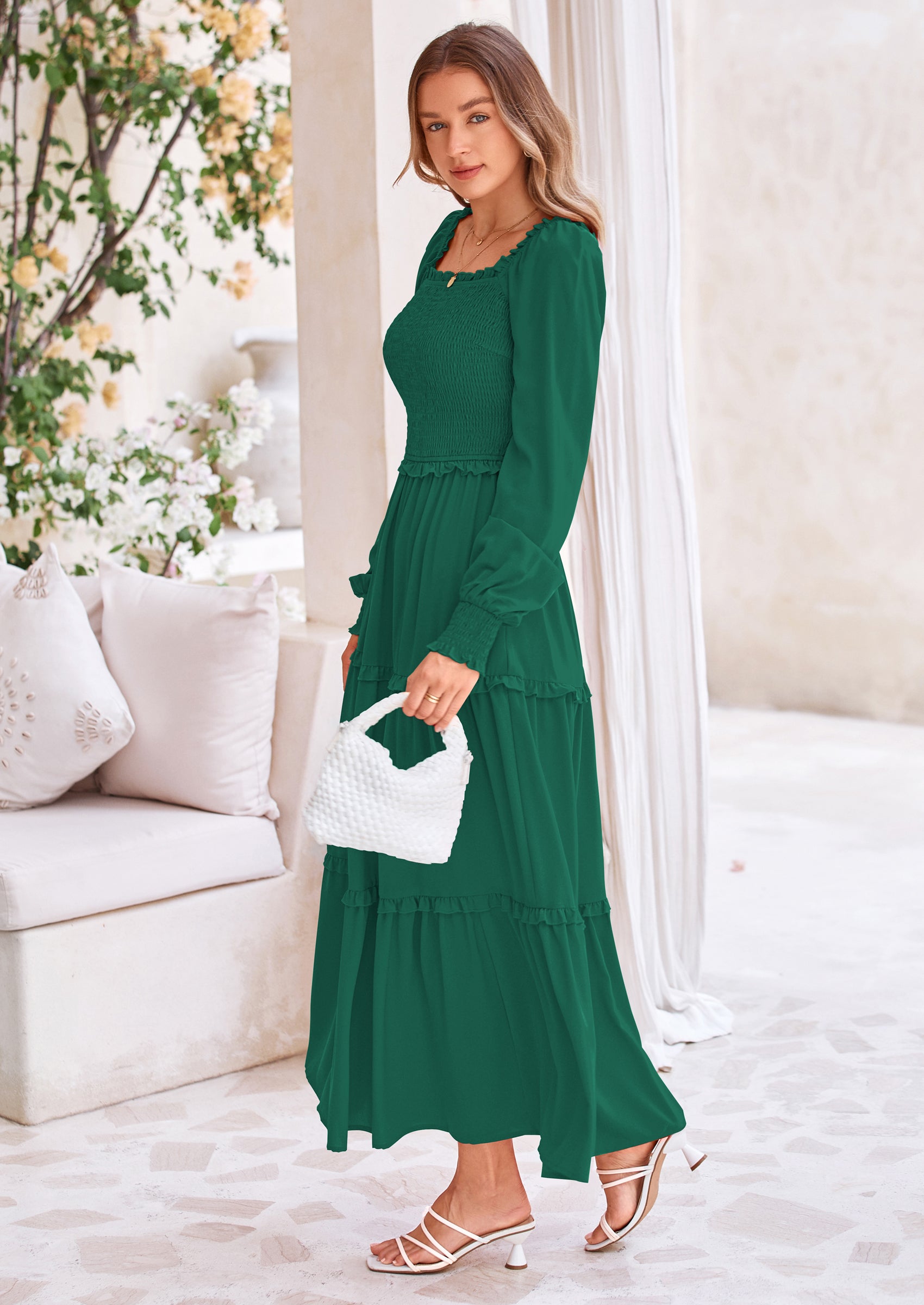 PRETTYGARDEN Fall Wedding Guest Dresses for Women Long Sleeve Square Neck Tiered A Line Modest Elegant Flowy Dresses
