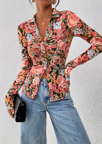 PRETTYGARDEN Women Button Down Floral Shirts Fall Trendy Long Sleeve V Neck Ruched Fitted Mesh Blouse Tops Date Outfits