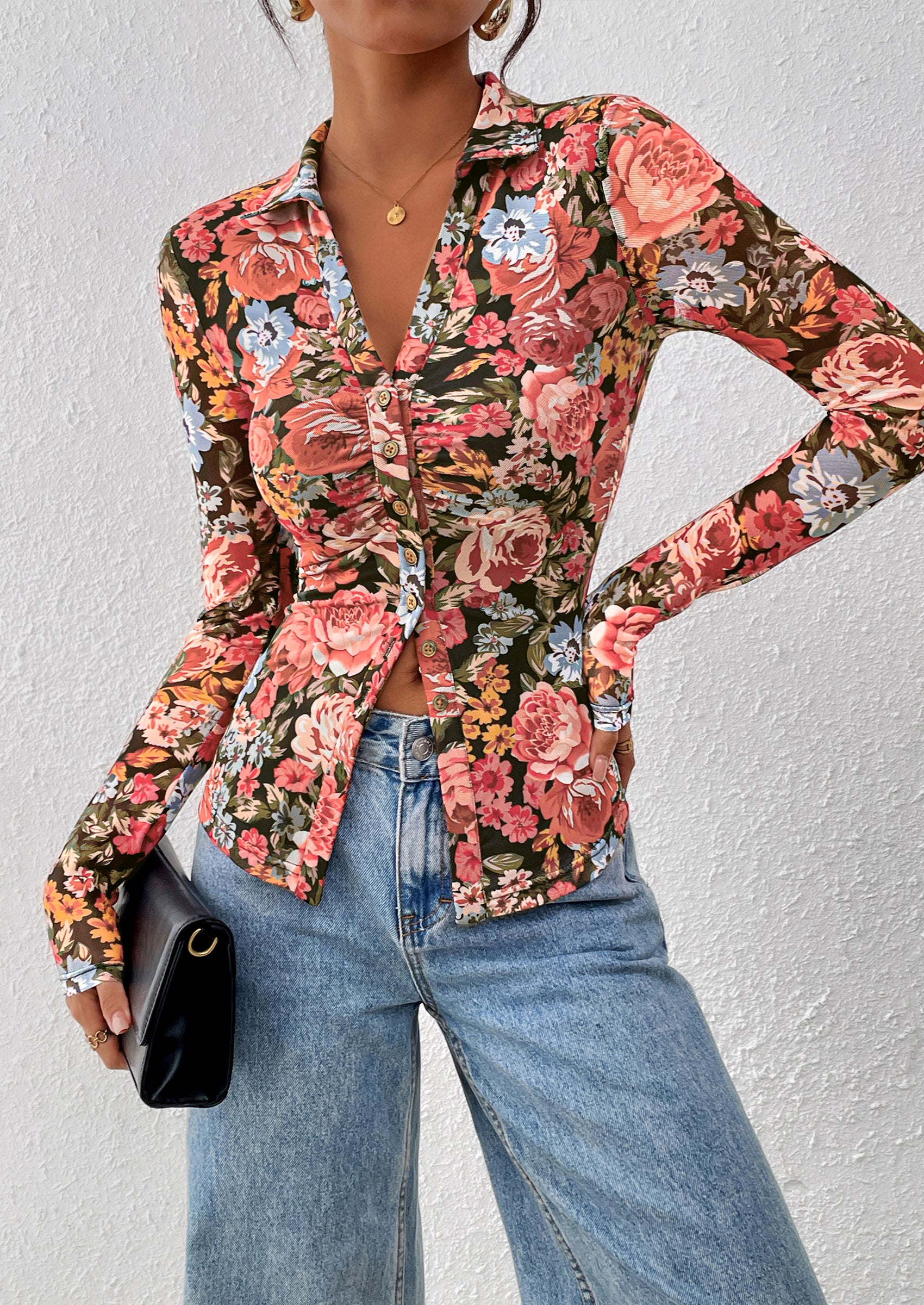 PRETTYGARDEN Women Button Down Floral Shirts Fall Trendy Long Sleeve V Neck Ruched Fitted Mesh Blouse Tops Date Outfits