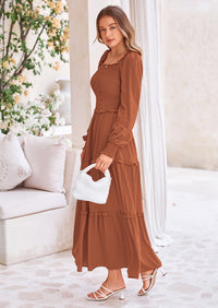 PRETTYGARDEN Fall Wedding Guest Dresses for Women Long Sleeve Square Neck Tiered A Line Modest Elegant Flowy Dresses