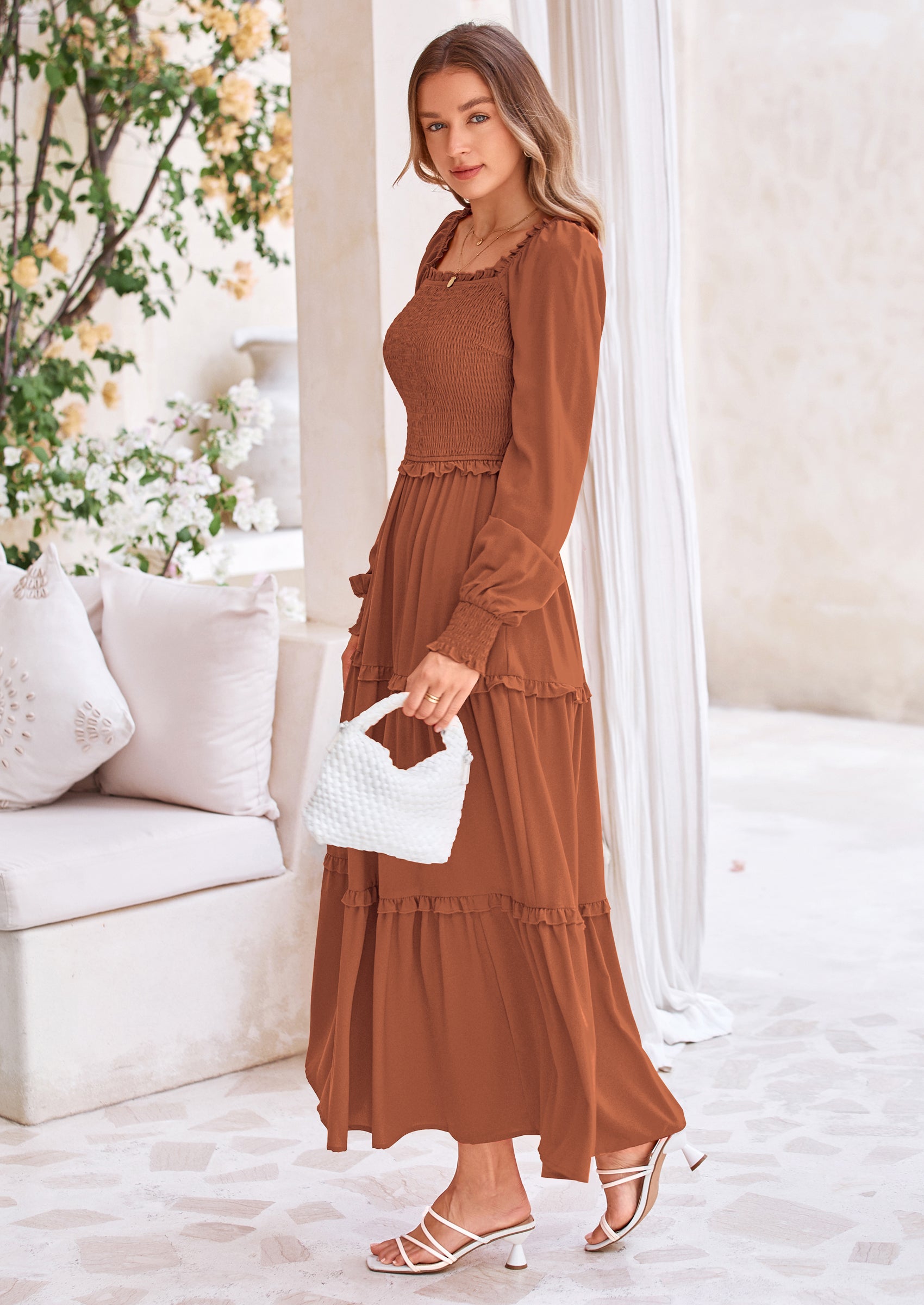 PRETTYGARDEN Fall Wedding Guest Dresses for Women Long Sleeve Square Neck Tiered A Line Modest Elegant Flowy Dresses
