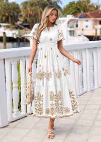 PRETTYGARDEN Boho Dresses for Women Summer Spring Casual Floral Short Sleeve V Neck Maxi Elastic Waist Dress Pockets