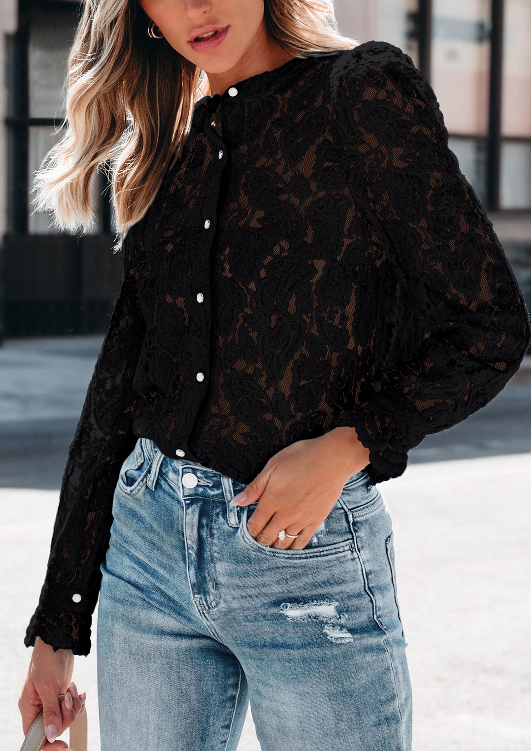 PRETTYGARDEN Women's Dressy Casual Lace Blouse Long Sleeve Button Up Shirts Tops Spring Fall Fashion Clothes