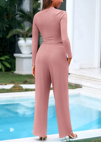 PRETTYGARDEN Women's 2 Piece Loungewear Long Sleeve Crop Top Wide Leg Palazzo Pants Set Tracksuits Casual Outfit