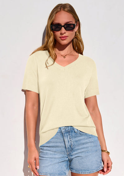 PRETTYGARDEN Womens Short Sleeve Sweater V Neck Trendy Pullover Tops Summer Spring Loose Lightweight Casual Blouse PRETTYGARDEN