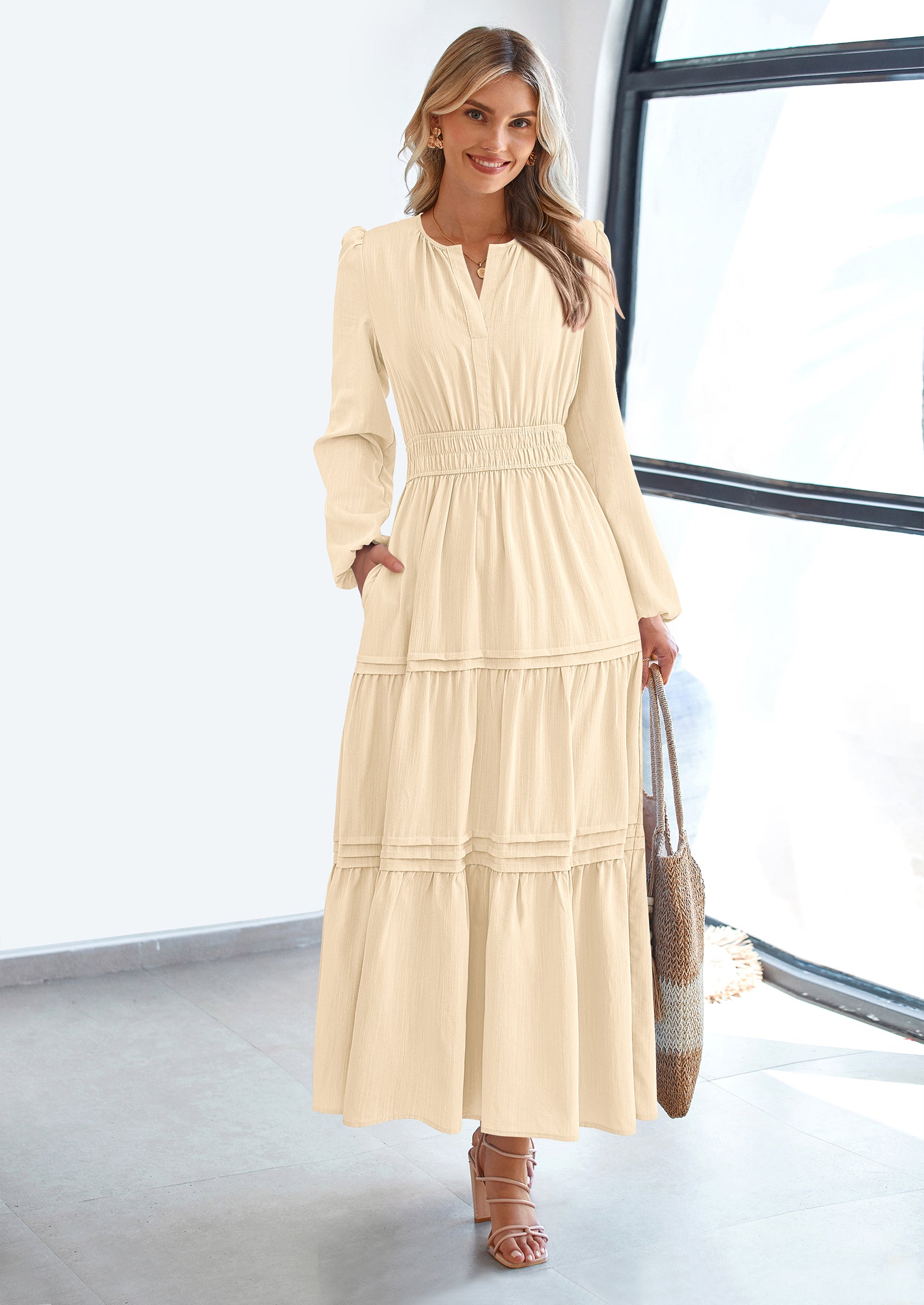 PRETTYGARDEN Women's Elegant Maxi Dresses Long Sleeve V Neck Flowy Pockets Casual Modest Dress Fall Fashion Clothes