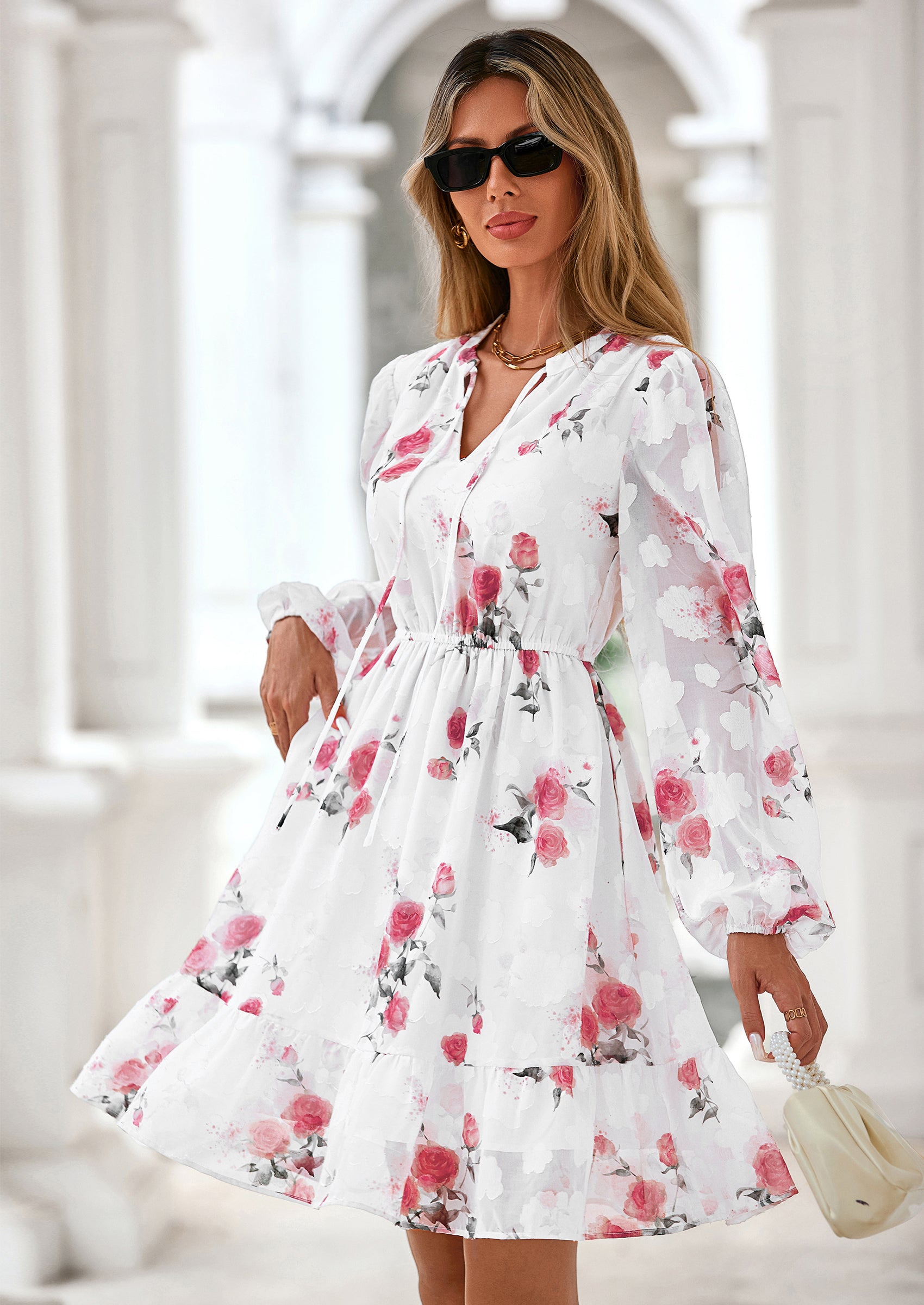 PRETTYGARDEN Women's Fall Boho Dresses Floral Long Sleeve V Neck Mini Flowy Wedding Guest Dress Trendy Vacation Outfits