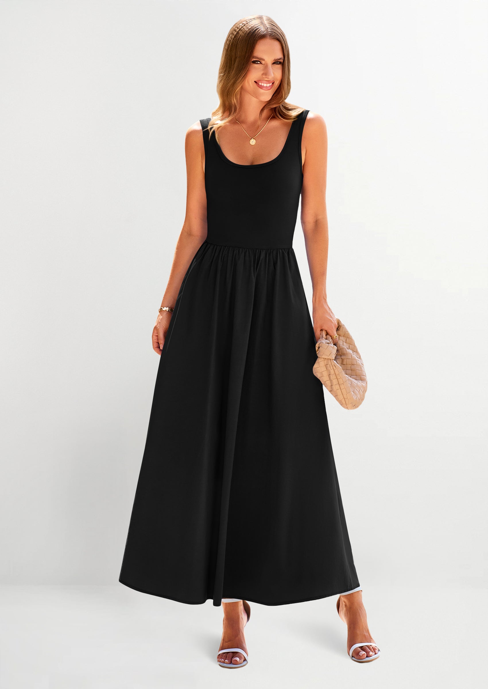 PRETTYGARDEN Womens Summer Casual Scoop Neck Sleeveless Long Dresses Tank Top Patchwork Aline Swing Maxi Dress with Pockets