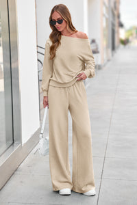 PRETTYGARDEN Womens 2 Piece Casual Matching Lounge Sets  Fashion Off the Shoulder Sweatshirt, Wide Leg Pants with Pockets, Comfy Airport Travel Outfit, 2026 Trendy Fall Set