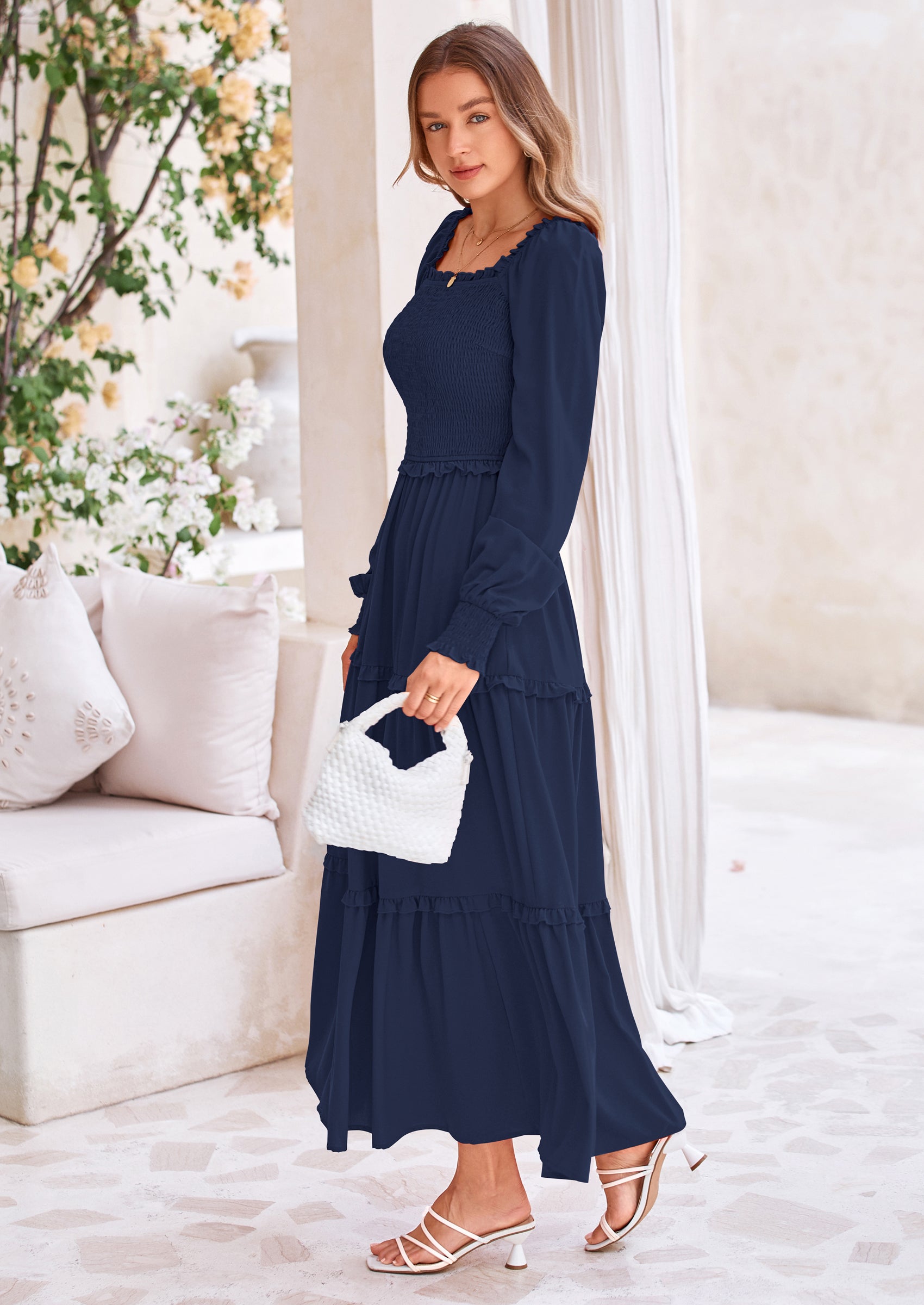 PRETTYGARDEN Fall Wedding Guest Dresses for Women Long Sleeve Square Neck Tiered A Line Modest Elegant Flowy Dresses