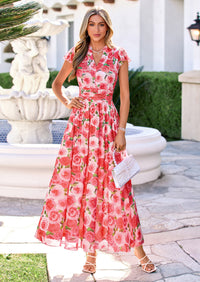 PRETTYGARDEN Womens Summer Maxi Dress V Neck Ruffle Sleeve A Line Floral Cocktail Dresses for Women Beach Vacation Outfits