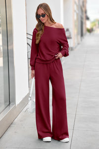 PRETTYGARDEN Womens 2 Piece Casual Matching Lounge Sets  Fashion Off the Shoulder Sweatshirt, Wide Leg Pants with Pockets, Comfy Airport Travel Outfit, 2026 Trendy Fall Set