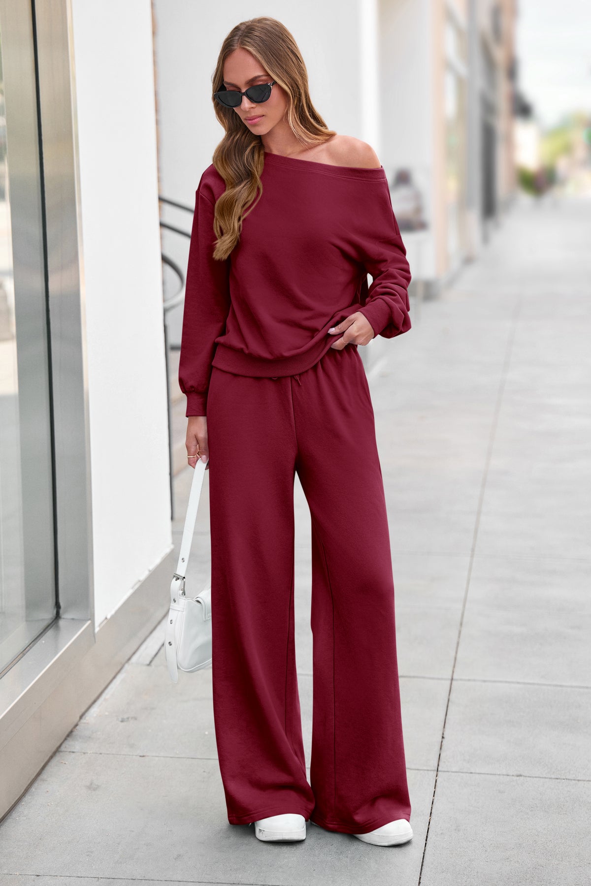 PRETTYGARDEN Womens 2 Piece Casual Matching Lounge Sets  Fashion Off the Shoulder Sweatshirt, Wide Leg Pants with Pockets, Comfy Airport Travel Outfit, 2026 Trendy Fall Set