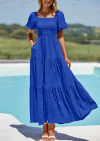 PRETTYGARDEN Womens Summer Puff Short Sleeve Maxi Dress Square Neck Smocked Tiered Ruffle A Line Long Flowy Beach Dresses