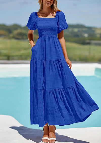 PRETTYGARDEN Womens Summer Puff Short Sleeve Maxi Dress Square Neck Smocked Tiered Ruffle A Line Long Flowy Beach Dresses
