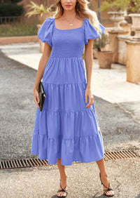 PRETTYGARDEN Women's Summer Casual Midi Dress Puffy Short Sleeve Square Neck Smocked Tiered Ruffle Dresses