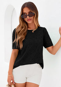 PRETTYGARDEN Women's Puff Short Sleeve Eyelet Shirts Summer Lace Blouses Dressy Casual Work Tops Spring Teacher Clothes PRETTYGARDEN