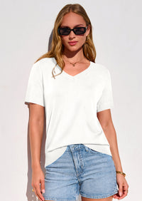 PRETTYGARDEN Womens Short Sleeve Sweater V Neck Trendy Pullover Tops Summer Spring Loose Lightweight Casual Blouse PRETTYGARDEN