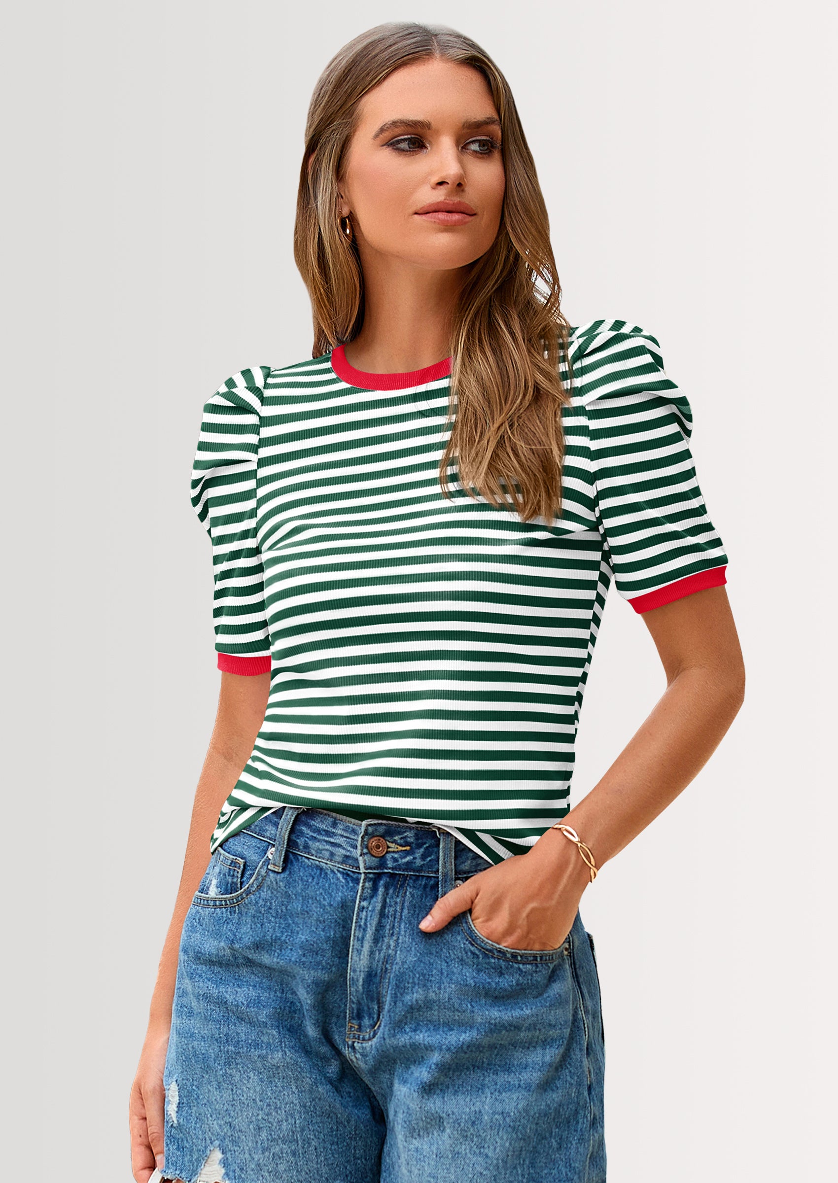 PRETTYGARDEN Women's Summer Puff Sleeve Tops Casual Ribbed Knit Crop Top Color Block Trendy Crewneck Striped Shirts