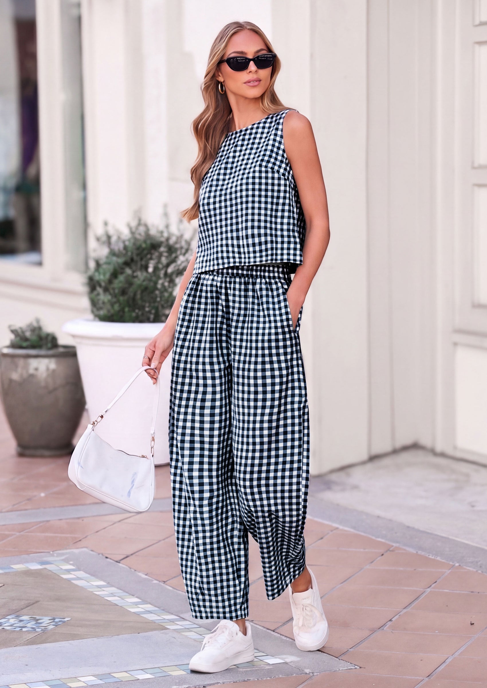 PRETTYGARDEN Womens 2 Piece Sets Summer Plaid Sleeveless Tops Wide Leg Pants Matching Lounge Set Beach Vacation Outfits
