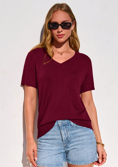 PRETTYGARDEN Womens Short Sleeve Sweater V Neck Trendy Pullover Tops Summer Spring Loose Lightweight Casual Blouse PRETTYGARDEN