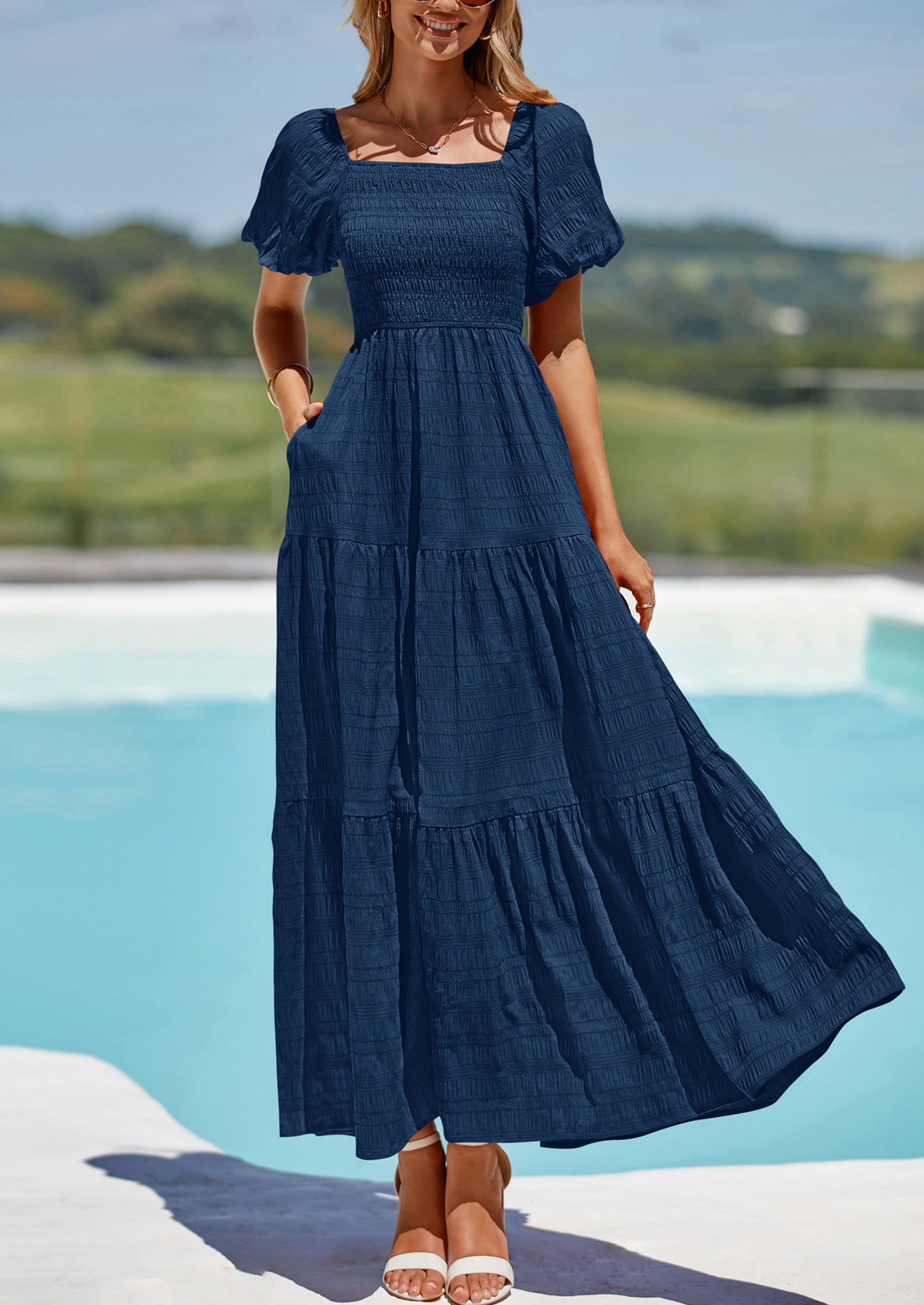 PRETTYGARDEN Womens Summer Puff Short Sleeve Maxi Dress Square Neck Smocked Tiered Ruffle A Line Long Flowy Beach Dresses