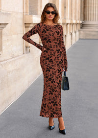 PRETTYGARDEN Women's Floral Bodycon Maxi Dress Fall Elegant Mesh Long Sleeve Formal Wedding Guest Cocktail Dresses