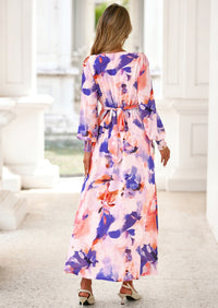 PRETTYGARDEN Women's Fall Boho Maxi Dress Floral Long Sleeve V Neck Flowy Belted Elegant Holiday Party Dresses