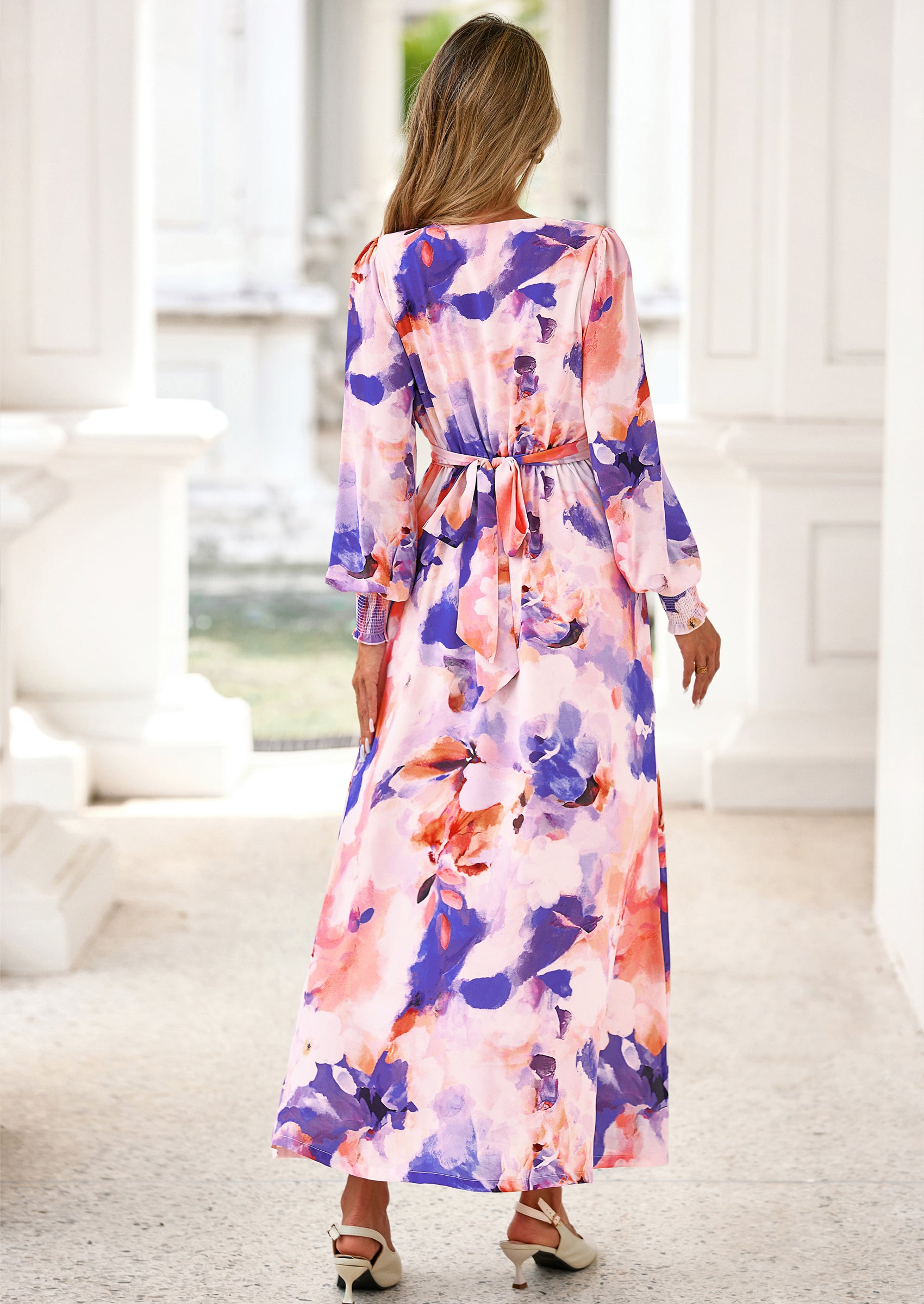 PRETTYGARDEN Women's Fall Boho Maxi Dress Floral Long Sleeve V Neck Flowy Belted Elegant Holiday Party Dresses