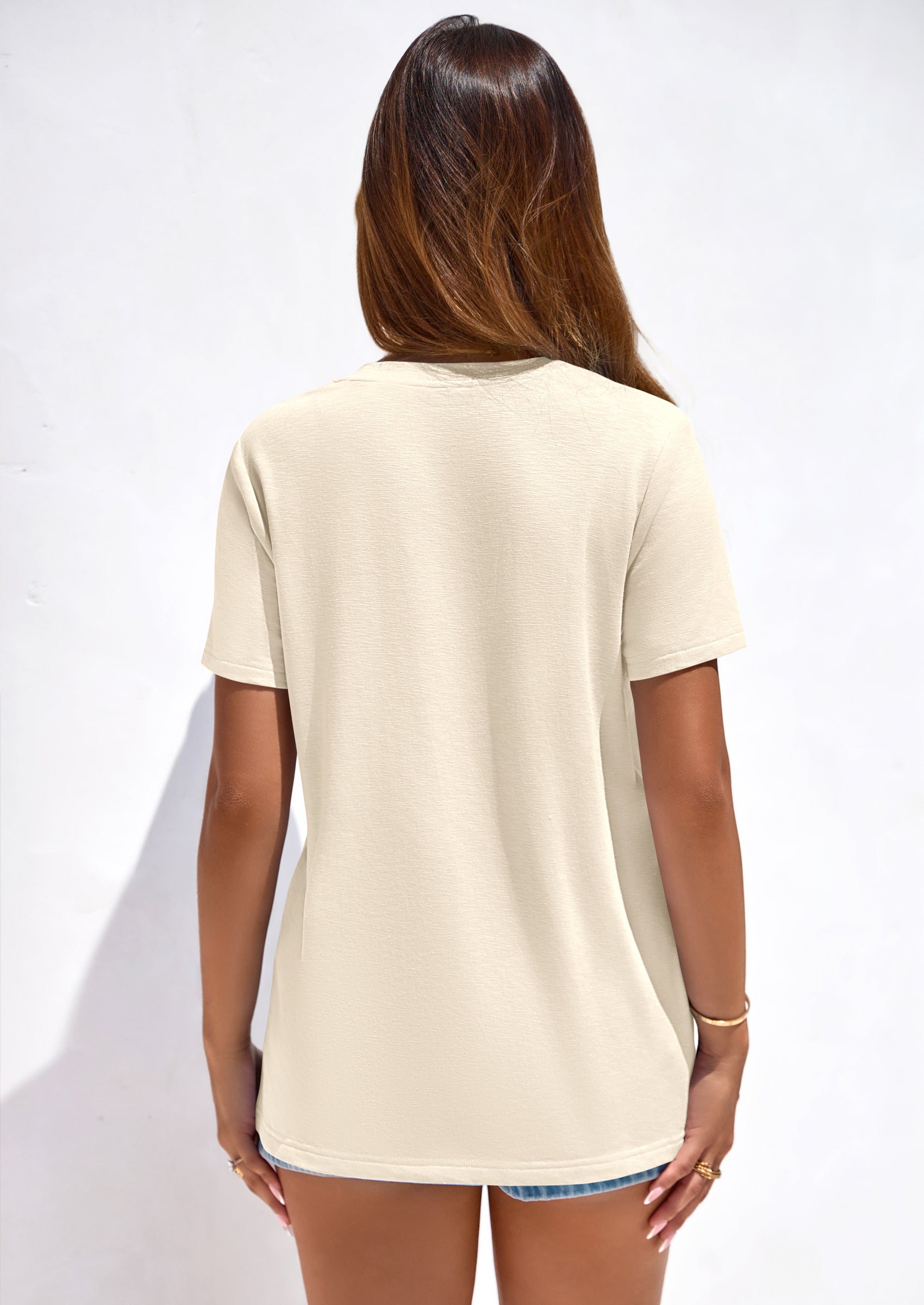 PRETTYGARDEN Women's V Neck T Shirts Summer Short Sleeve Spring Going Out Tops Casual Loose Fit Basic Tees Beach Clothes PRETTYGARDEN