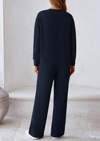 PRETTYGARDEN 2 Piece Long Sleeve Pullover Tops and Wide Leg Pants Knitted Lounge Sets PRETTYGARDEN