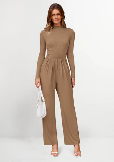 PRETTYGARDEN Dressy Casual Fashion Outfits Long Sleeve Mock Neck Wide Leg Pants Rompers