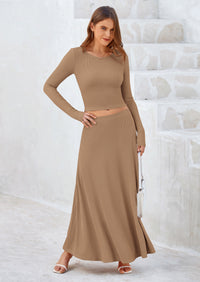 PRETTYGARDEN 2 Piece Casual Ribbed Knit Long Sleeve Crop Tops Maxi Flowy Skirts Matching Sets