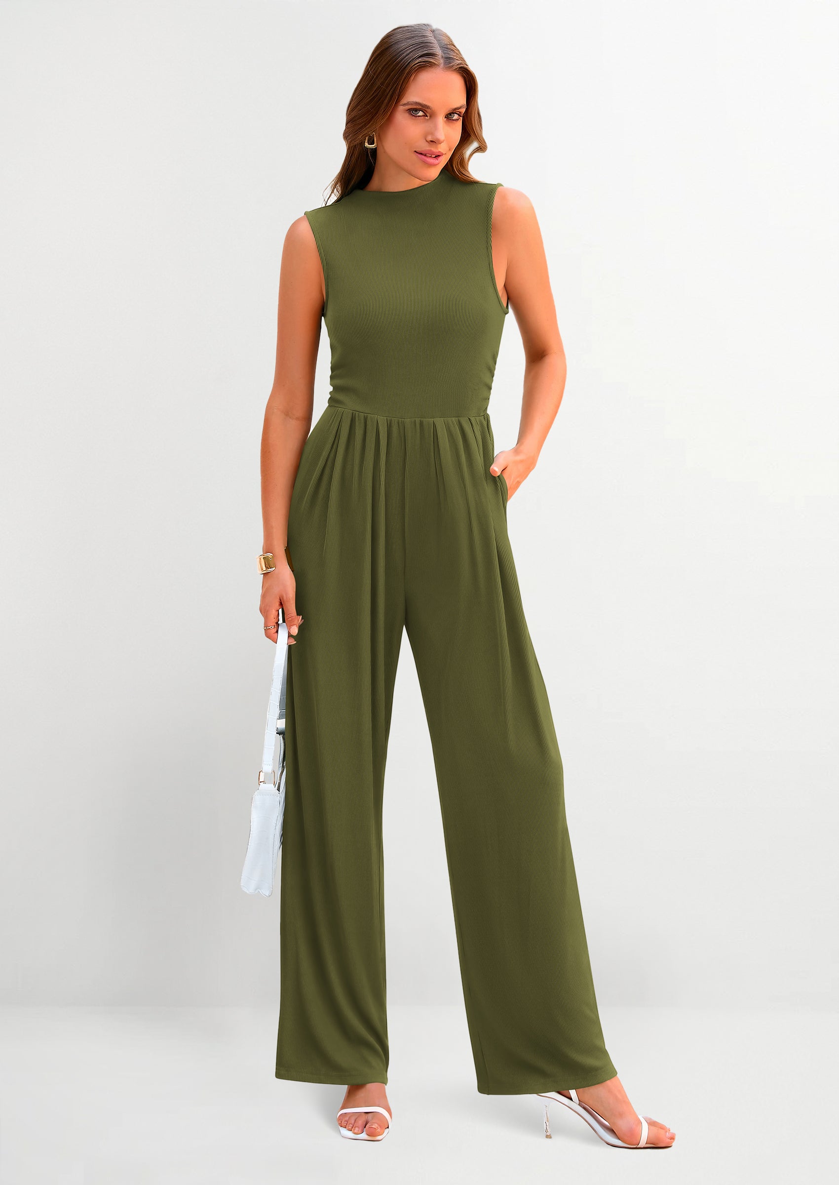 PRETTYGARDEN Womens Summer Jumpsuits Dressy Casual One Piece Outfits Sleeveless Mock Neck Wide Leg Pants Rompers with Pockets