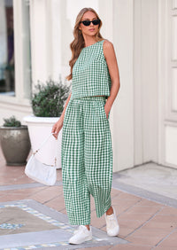 PRETTYGARDEN Womens 2 Piece Sets Summer Plaid Sleeveless Tops Wide Leg Pants Matching Lounge Set Beach Vacation Outfits