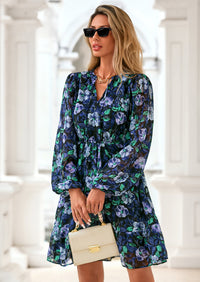 PRETTYGARDEN Women's Fall Boho Dresses Floral Long Sleeve V Neck Mini Flowy Wedding Guest Dress Trendy Vacation Outfits