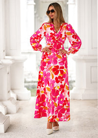 PRETTYGARDEN Women's Fall Boho Maxi Dress Floral Long Sleeve V Neck Flowy Belted Elegant Holiday Party Dresses