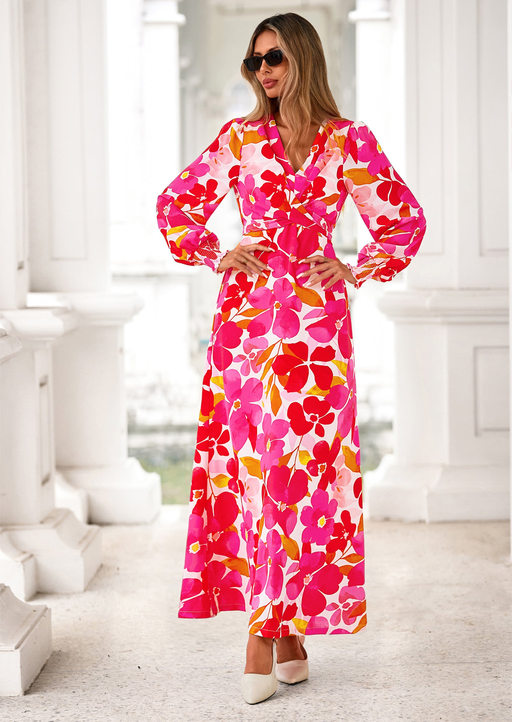 PRETTYGARDEN Women's Fall Boho Maxi Dress Floral Long Sleeve V Neck Flowy Belted Elegant Holiday Party Dresses