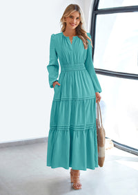 PRETTYGARDEN Women's Elegant Maxi Dresses Long Sleeve V Neck Flowy Pockets Casual Modest Dress Fall Fashion Clothes