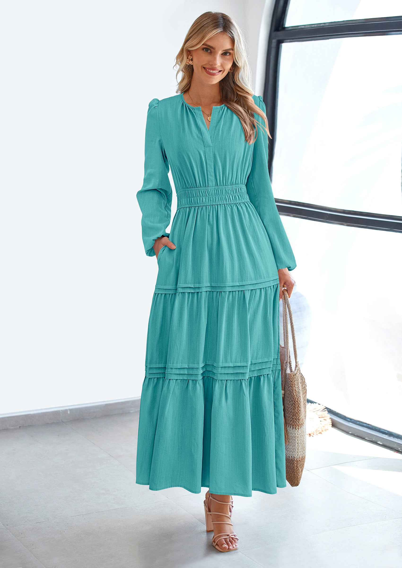 PRETTYGARDEN Women's Elegant Maxi Dresses Long Sleeve V Neck Flowy Pockets Casual Modest Dress Fall Fashion Clothes