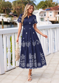 PRETTYGARDEN Boho Dresses for Women Summer Spring Casual Floral Short Sleeve V Neck Maxi Elastic Waist Dress Pockets