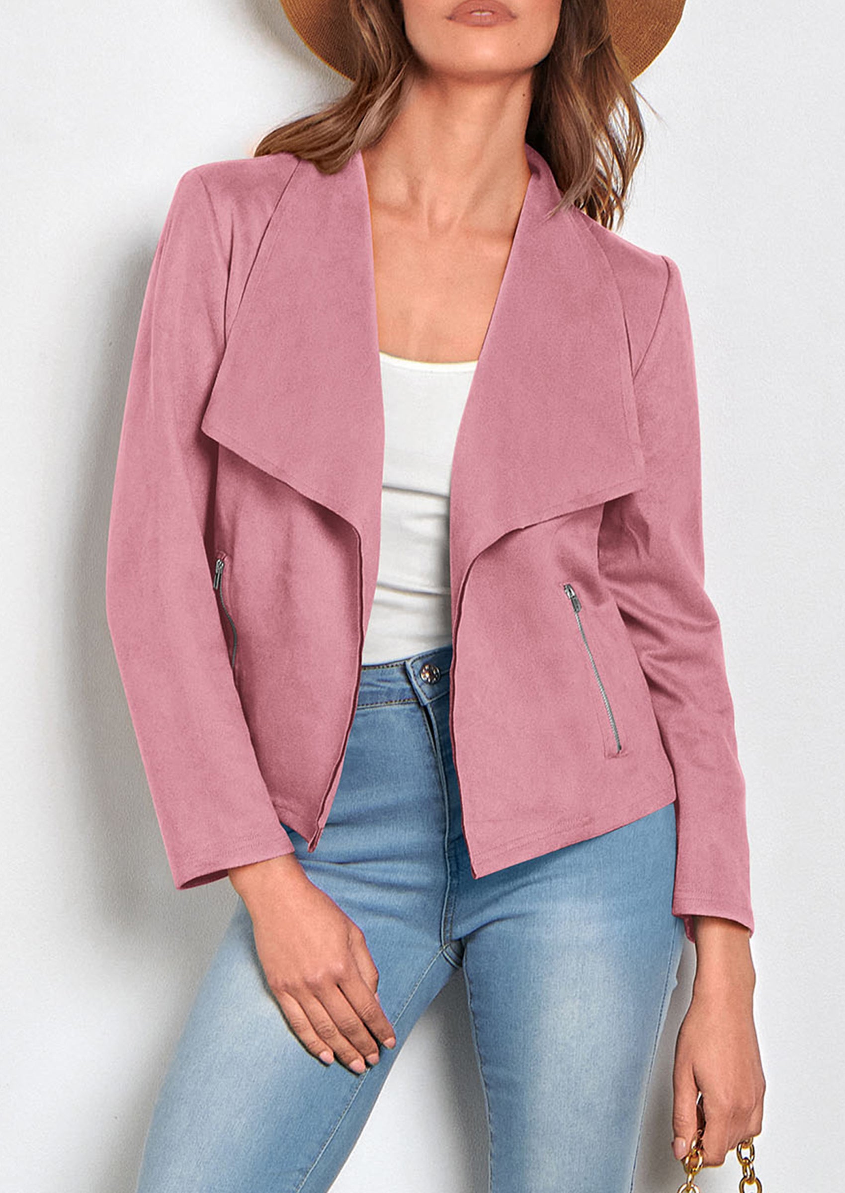 PRETTYGARDEN Women's Faux Suede Jackets Fashion Fall Clothes Long Sleeve Open Front Cropped Coat Outwear