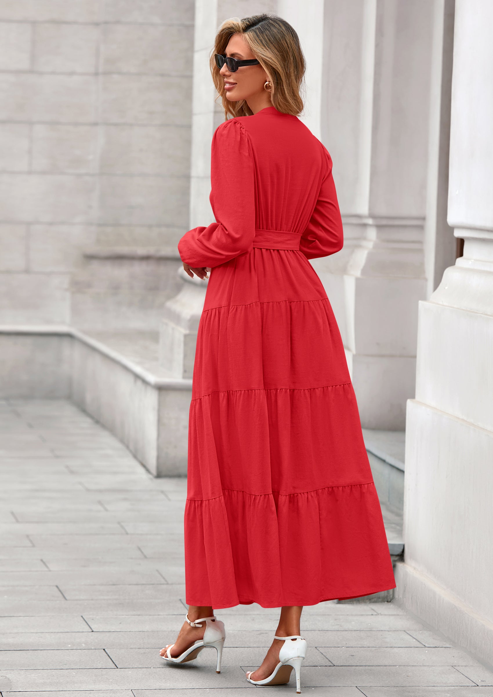 PRETTYGARDEN Fall Dresses for Women Long Sleeve V Neck Belted Ruffle A Line Flowy Boho Maxi Wedding Guest Dress Pockets