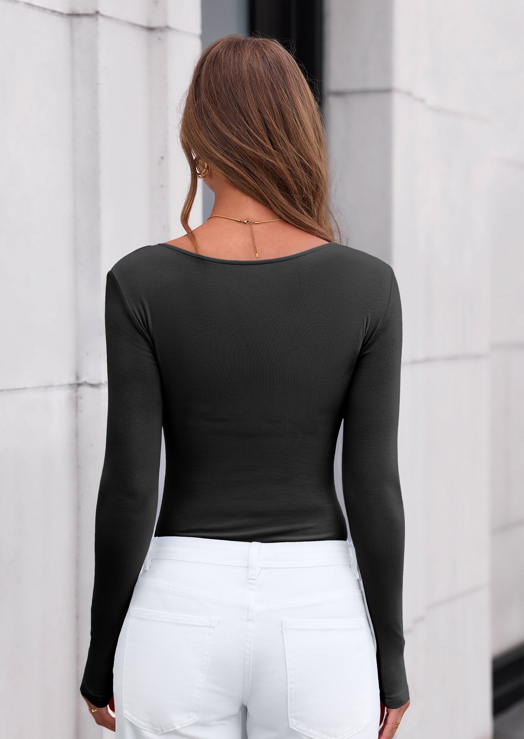 PRETTYGARDEN Bodysuits for Women Fall Long Sleeve Shirts V Neck Slim Fitted Basic Tees Going Out Tops Fashion Clothing